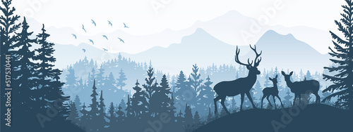 Horizontal banner. Silhouette of deer, doe, fawn standing on meadow in forrest. Silhouette of animal, trees, grass. Magical misty landscape, fog, mountains. Blue illustration. Bookmark.
