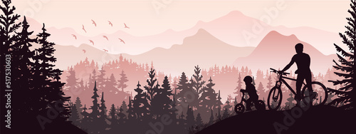 Silhouette of father and child riding bikes in wild nature landscape. Forest and mountains in the background. Magical misty landscape. Banner. Horizontal illustration. 