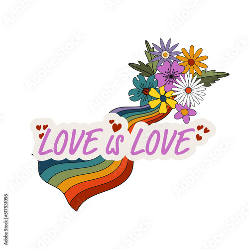 Bright rainbow with flowers.Retro 70s, 60s. Postcard, sticker, clipart with rainbow. Flat illustration, vector, doodle.