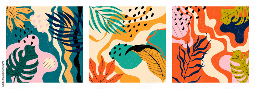 Set of three hand drawn seamless patterns. Tropical jungle leaves and different shapes. Abstract modern seamless patterns. Modern vector illustration in patchwork style. Each pattern is isolated Set of three hand drawn seamless patterns. Tropical jungle leaves and different shapes. Abstract modern seamless patterns. Modern vector illustration in patchwork style. Each pattern is isolated