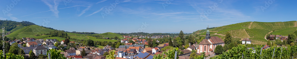 Panoramic view of the city of Durbach, Germany with beautiful vineyards and blue sky, black forest area, near Baden-Baden