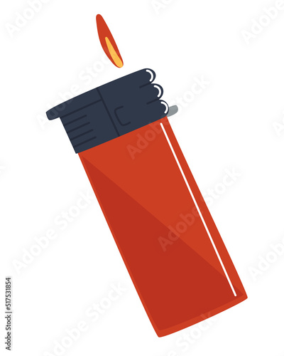 Red lighter in a plastic case. Gas or petrol. The fire is burning. Flat vector illustration. Eps10