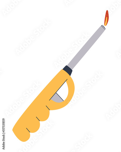 Gas lighter for lighting firewood in a fireplace or stove. Comfortable long nozzle. Simple flat vector illustration, eps10
