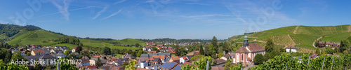 Panoramic view of the city of Durbach, Germany with beautiful vineyards and blue sky, black forest area, near Baden-Baden