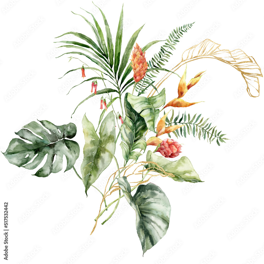 Fototapeta premium Watercolor tropical flowers bouquet of linear etlingera, gold heliconia and fern. Hand painted floral poster isolated on white background. Holiday Illustration for design, print, fabric or background.