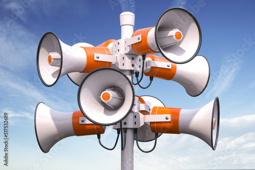 Megaphones and ublic speakers on a pole. Announcement, warning, promotion concept.