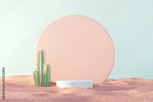 Pastel summer tropical background, White Podium with cactus on sand beach, Mock up for the exhibitions and display, Presentation of products, 3d render Fototapet