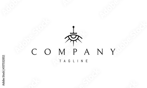 Vector logo on which an abstract image of an eye in the form of a sun and a sword in the middle.