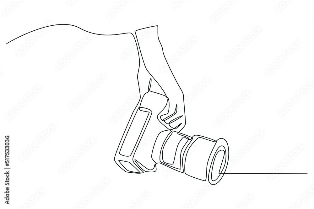 Obraz premium Continuous one line drawing Camera in hand. World photo day concept. Single line draw design vector graphic illustration.