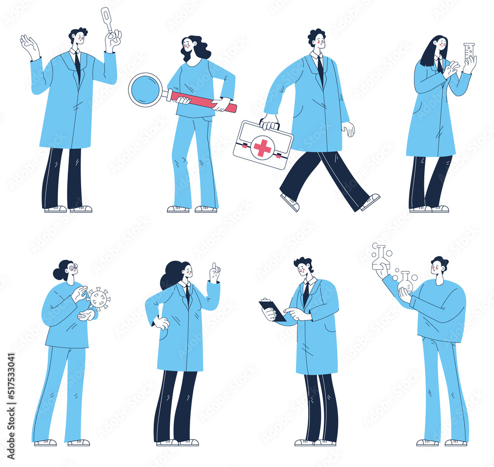 Man woman doctors medicine workers characters set collections. Vector flat cartoon design element illustration Man woman doctors medicine workers characters set collections. Vector flat cartoon design element illustration