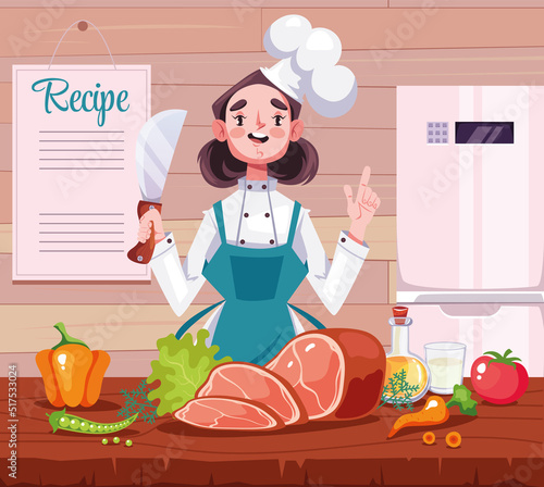 Woman chef cooking and explain recipes concept. Vector graphic design cartoon illustration