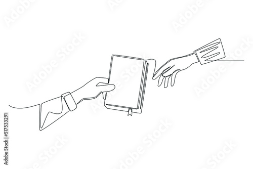Single one line drawing woman hand gives book to her friend. Exchange or crossing. Books lovers day concept. Single line draw design vector graphic illustration.