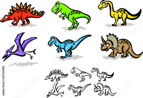 dino doodle characters brush stroke illustration vector