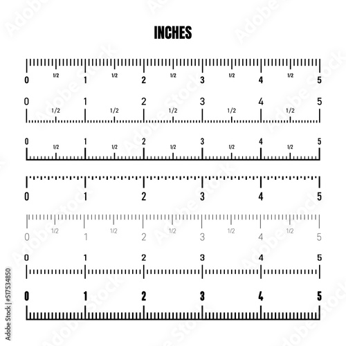 Realistic black inch scale for measuring length or height. Various measurement scales with divisions. Ruler, tape measure marks, size indicators. Vector illustration