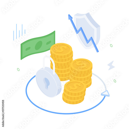 Money, wallet, investment, cash, credit card, currency, safe, protect,  presentation, infographic, gold. Isometric vector illustration flat design isolated.