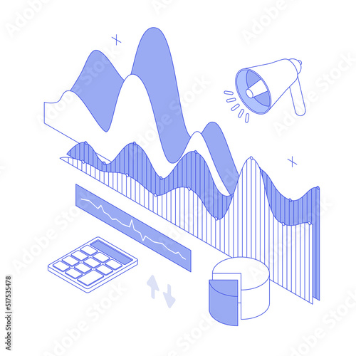 Money, chart, graph, diagram, presentation, spreadsheet, economy, finance, technology. Isometric vector illustration flat design isolated. Outline, linear style, line art, editable stroke.