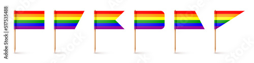 Realistic various toothpick flags. Wooden toothpicks with rainbow LGBTQ paper flag. Blank mockup for advertising and promotions. Pride month. Vector illustration