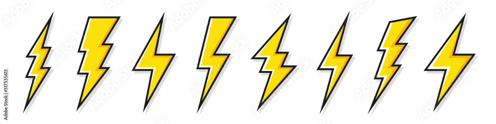Yellow lightning bolt icons collection. Flash symbol, thunderbolt. Simple lightning strike sign. Vector illustration. Yellow lightning bolt icons collection. Flash symbol, thunderbolt. Simple lightning strike sign. Vector illustration.