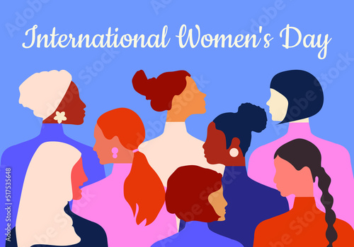 International Women's Day. Women of different ages, nationalities and religions come together. Horizontal blue poster. Vector.