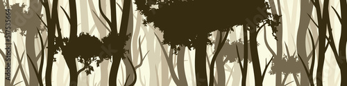 Wild forest with various coniferous or deciduous trees. Wide horizontal banner with various tree trunks silhouettes. Dark misty pine forest landscape, panorama. Vector illustration