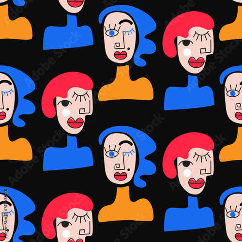 Surrealistic Abstract Woman Faces Collage Seamless Pattern