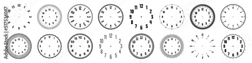 Mechanical clock faces with arabic numerals, bezel. Watch dial with minute, hour marks and numbers. Timer or stopwatch element. Blank measuring circle scale with divisions. Vector illustration