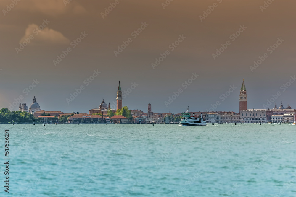 Skyline of Venice with Basilica Santa Maria della Salute, San Giorgio Maggiore, the Campanile di San Marco and the Doge's Palace 