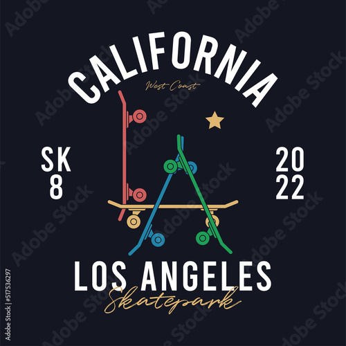 Skateboarding t-shirt design. California, LA skatepark print for t-shirt with skateboards. Tee shirt and apparel print for skate board theme. Vector illustration.