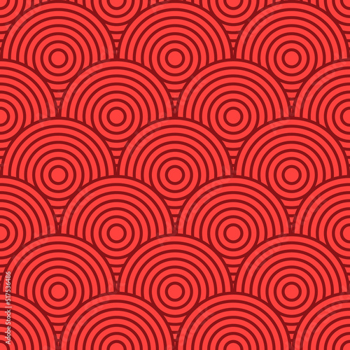 Chinese and Japanese seamless pattern. Traditional asian ornament, oriental New Year decoration. Modern red background, geometric texture with waves. Vector illustration