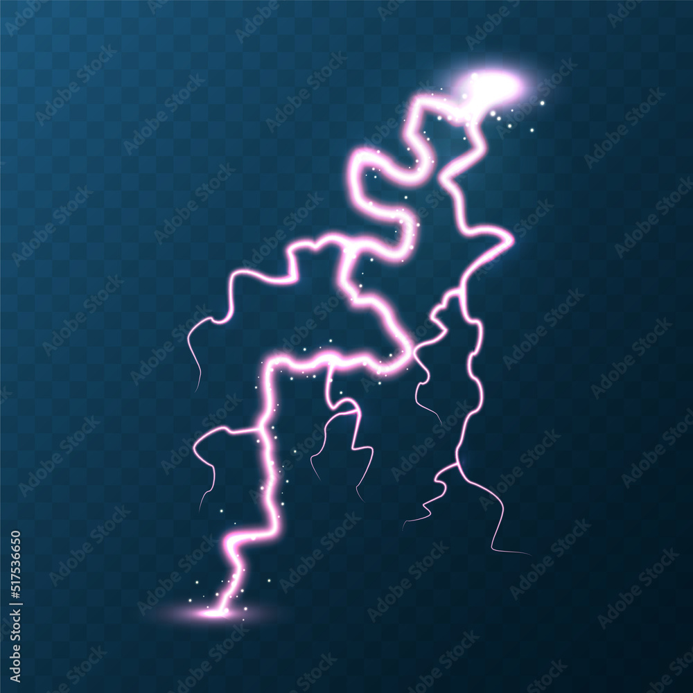 Realistic colorful lightning on blue background. Thunderstorm and lightning bolt. Sparks of light. Stormy weather effect. Vector illustration