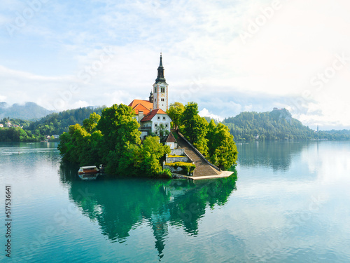 Bled, Slovenia, Slovenija - Aerial view of Lake Bled, Blejsko Jezero with the Pilgrimage Church of the Assumption of Maria on a small island photo