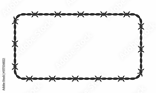 Vector illustration of barbed wire isolated on white background. Rectangular shape frame from twisted barbwire. Security fence backdrop.  photo