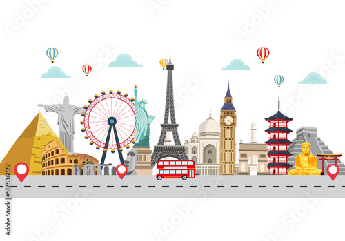 travel and tours background. tourism poster landmark around the world. road trip holiday vacation. airplane and time to travel banner. journey trip concept. vector illustration in flat style.