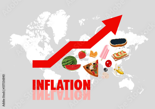 Food inflation and crisis going up. World map. Red arrow. Vegetables, fruits and other products.