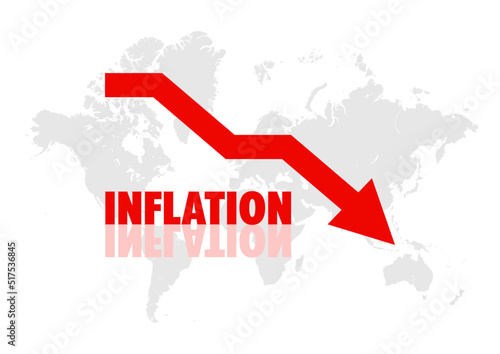 Inflation and crisis going down. World map. Red arrow. 