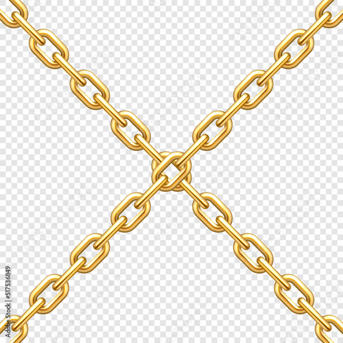 Realistic crossing metal chains with golden links on transparent background. Vector illustration.