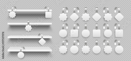 Store shelves with supermarket promotional wobblers. Product shelf and advertising wobbler. Grocery wall rack. Sale or discount label, special offer price tag. Vector illustration