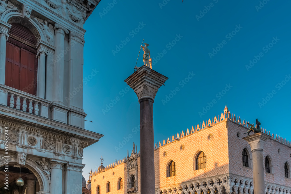 The columns of San Todaro and San Marco at  St. Mark's Square in Venice, Italy