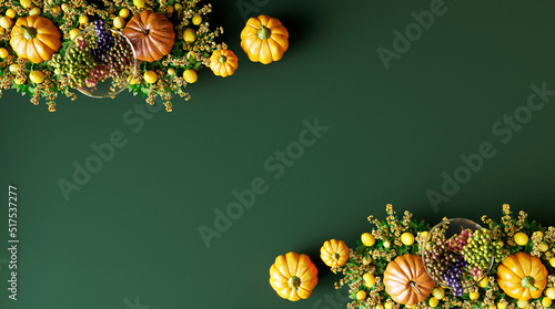 Fototapeta Naklejka Na Ścianę i Meble -  Halloween, thanksgiving or autumn mockup design. Pumpkins and other decorations on dark green background. 3d rendering	