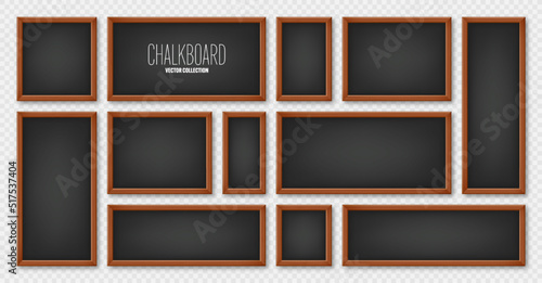 Realistic various chalkboards in a wooden frame. Black restaurant menu board. School blackboard, writing surface for text or drawing. Blank advertising or presentation boards. Vector illustration