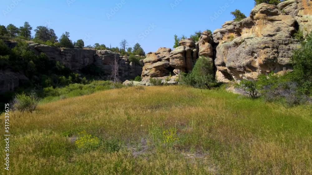 Aerial drone of rock formations at Castlewood Canyon State Park in Douglas County, Colorado