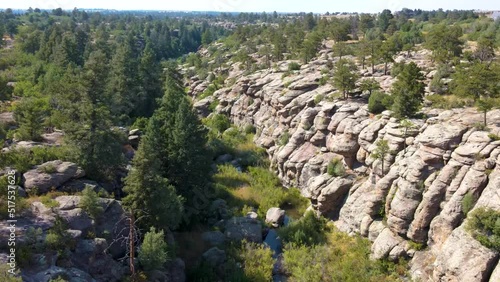 Aerial drone of rock formations at Castlewood Canyon State Park in Douglas County, Colorado photo