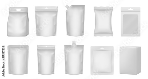 Set of realistic doy pack mockups. White flow pack, sachet, zip bag and doypack. Sheet mask sachet.  Laundry detergent bag and box with transparent window