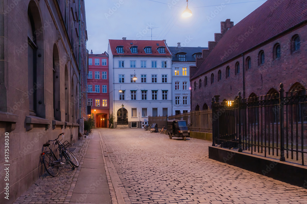 Cozy evening in Copenhagen street - Colorful old buildings