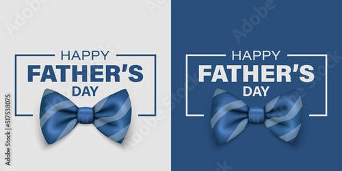 Vector Fathers Day Banner. Text with 3d Realistic Silk Blue Striped Bow Tie. Glossy Bowtie, Tie Gentleman. Fathers Day Holiday Concept. Design Template for Greeting Card, Invitation, Poster, Print