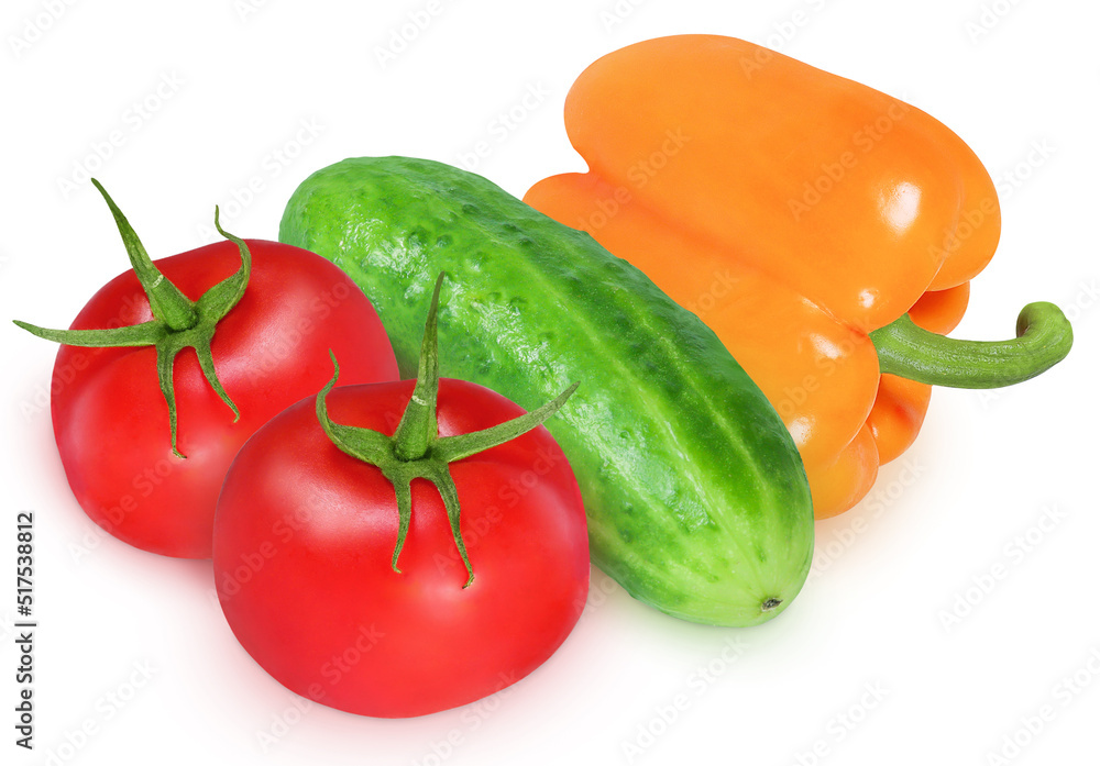 Tomato, cucumber and orange pepper on isolated white background Tomato, cucumber and orange pepper on isolated white background