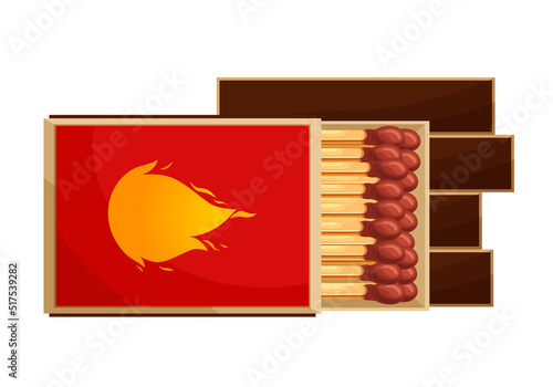 Match box with burnt sticks. Set of matchsticks. Cartoon spark bonfire vector illustration