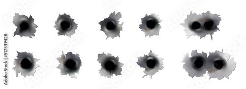 Bullet holes of gun or pistol. Shoot in metal single and double hole. Damage and cracks on surface. Vector isolated on background