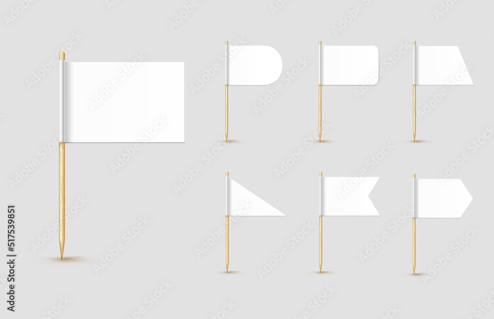 Toothpick flags isolated on wood stick with white paper. Realistic little tooth pick for lunch. Vector cocktail decoration Toothpick flags isolated on wood stick with white paper. Realistic little tooth pick for lunch. Vector cocktail decoration
