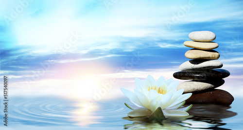 Zen  meditation  harmony. Beautiful lotus flower and stack of stones on water surface  space for text
